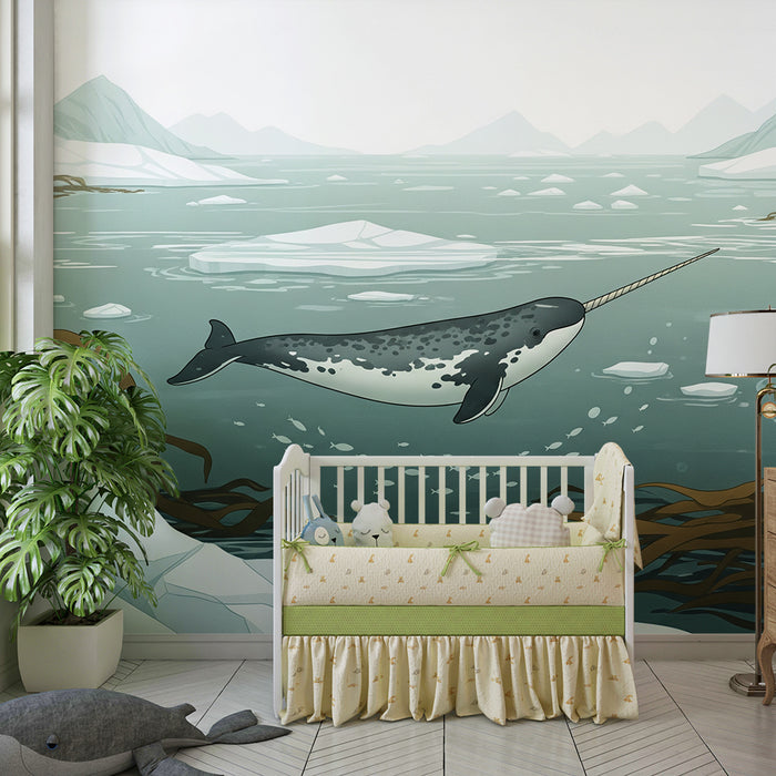 Papier peint chambre enfant | Narval majestueux nageant dans les eaux glacées