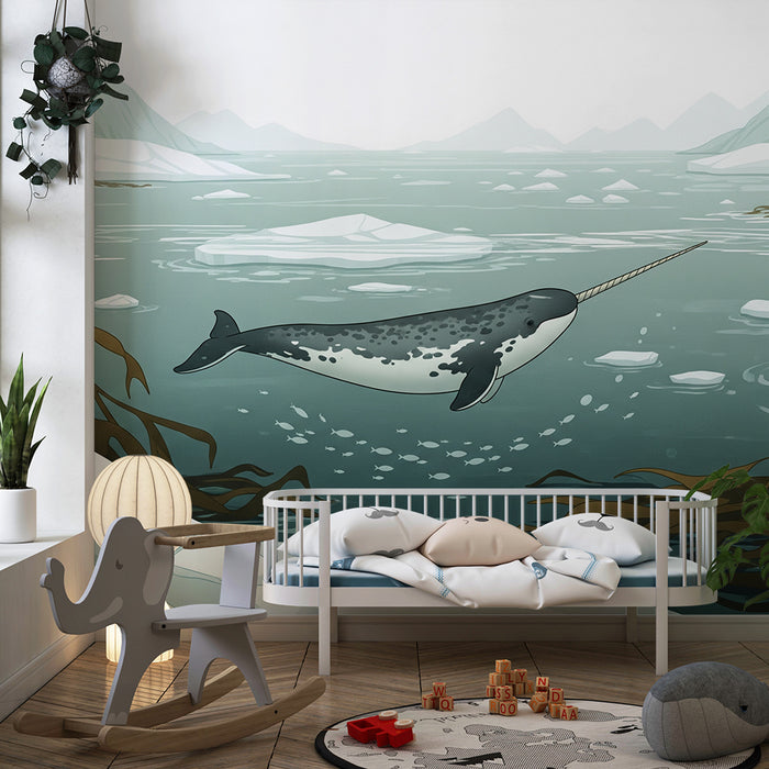 Papier peint chambre enfant | Narval majestueux nageant dans les eaux glacées