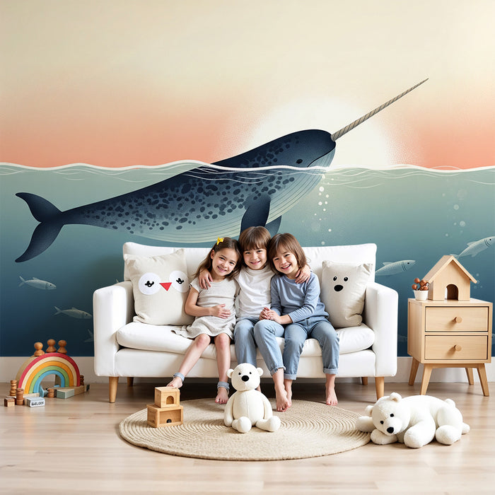 Papel pintado infantil | Majestuoso narval nadando entre peces