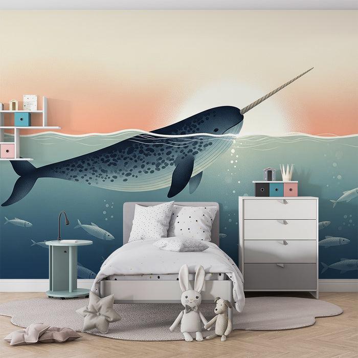 Papel pintado infantil | Majestuoso narval nadando entre peces