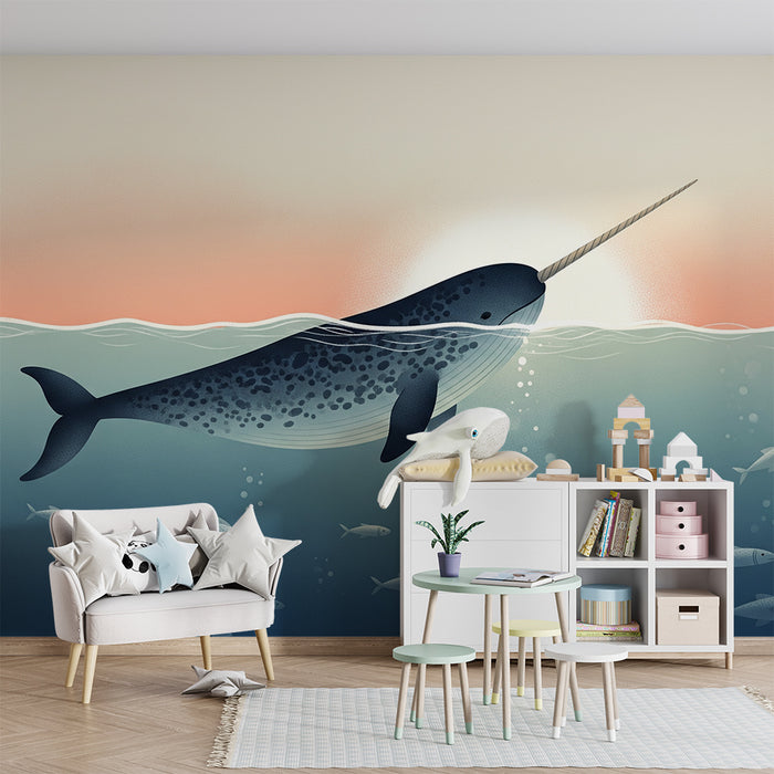 Papel pintado infantil | Majestuoso narval nadando entre peces