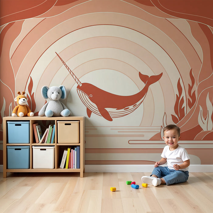 Papier peint chambre enfant | Narval stylisé dans un océan de couleurs douces