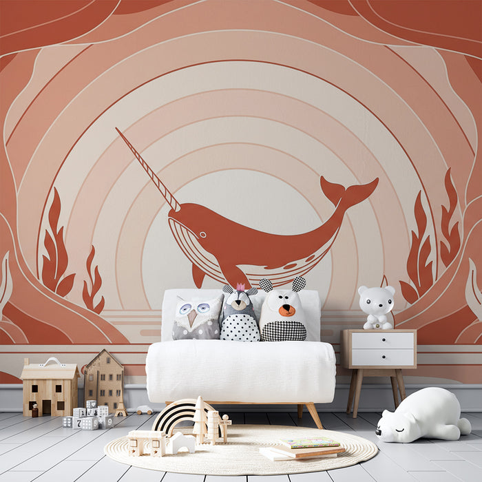 Papier peint chambre enfant | Narval stylisé dans un océan de couleurs douces