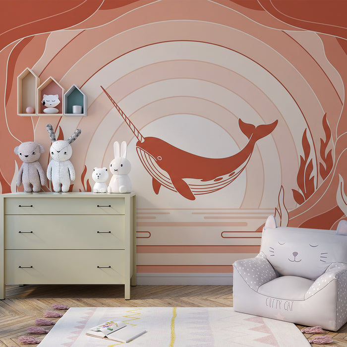 Papier peint chambre enfant | Narval stylisé dans un océan de couleurs douces