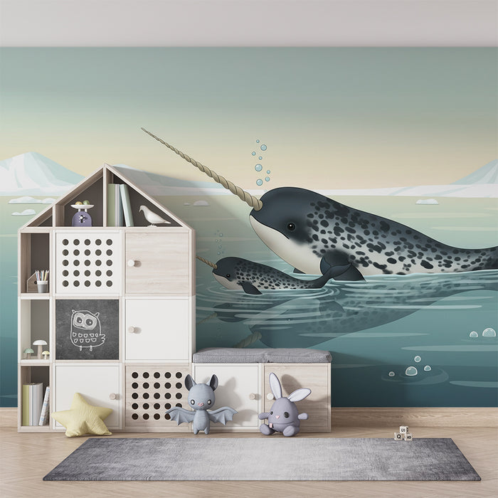 Papier peint chambre enfant | Narvals in koud water