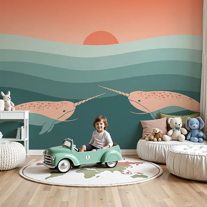 **Text tradus:**

Tapet pentru camera copiilor | Narvali într-un ocean pastel la apus
