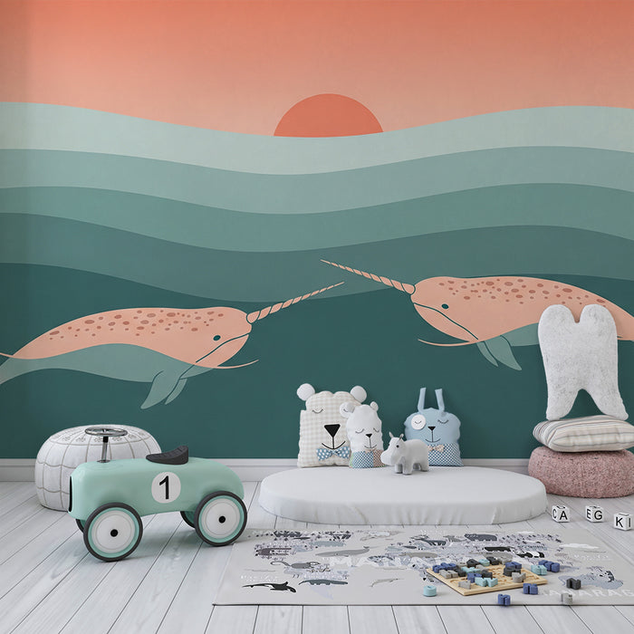 **Text tradus:**

Tapet pentru camera copiilor | Narvali într-un ocean pastel la apus