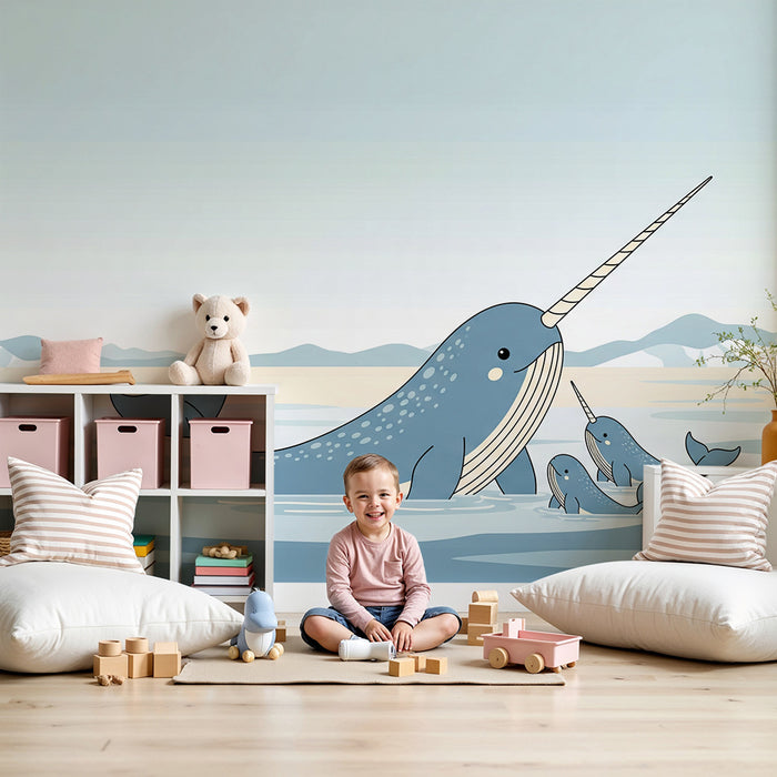 Behang kinderkamer | Narwallen in een rustgevend zeelandschap