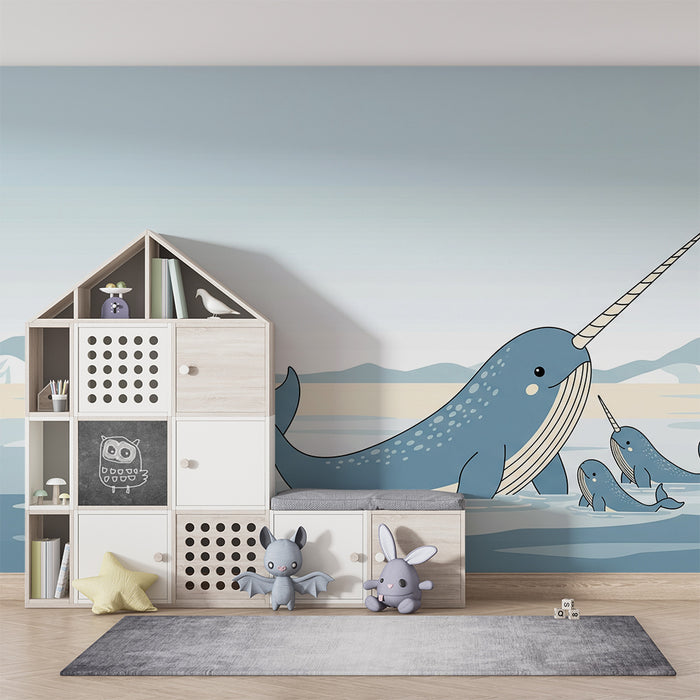 Behang kinderkamer | Narwallen in een rustgevend zeelandschap