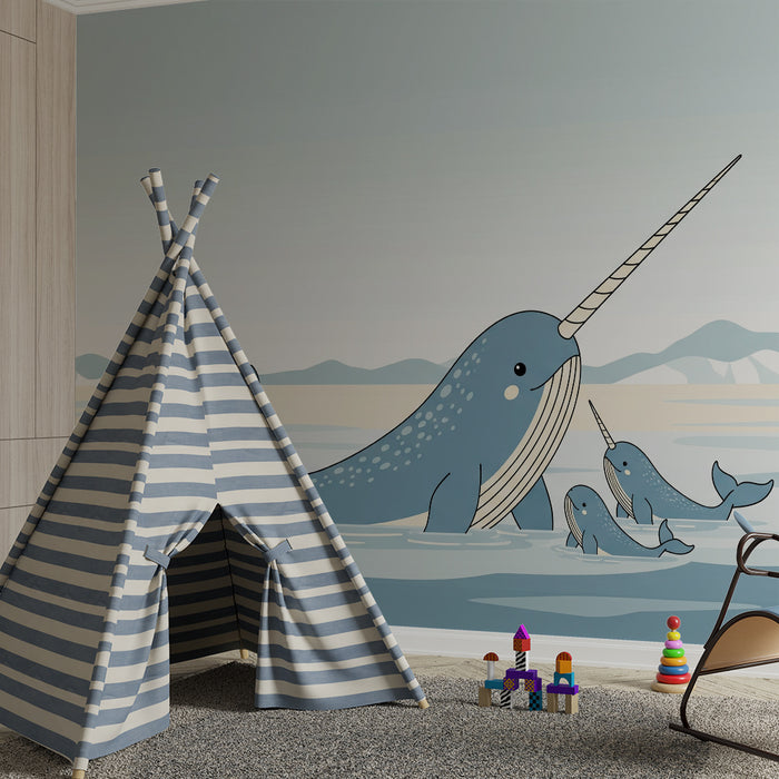 Behang kinderkamer | Narwallen in een rustgevend zeelandschap