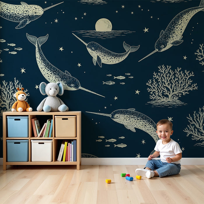 Papier peint chambre enfant | Narvals et coraux sous un ciel étoilé
