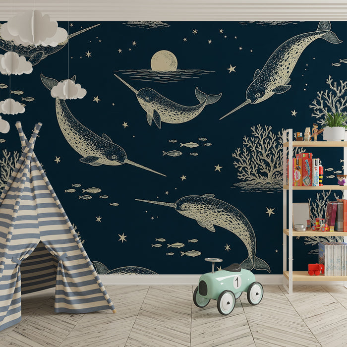 Papier peint chambre enfant | Narvals et coraux sous un ciel étoilé