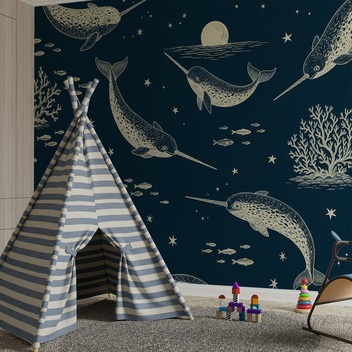 Papier peint chambre enfant | Narvals et coraux sous un ciel étoilé