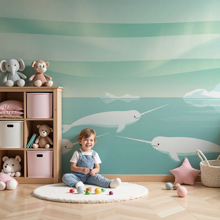 Papel pintado infantil | Narvales e icebergs en un mar apacible