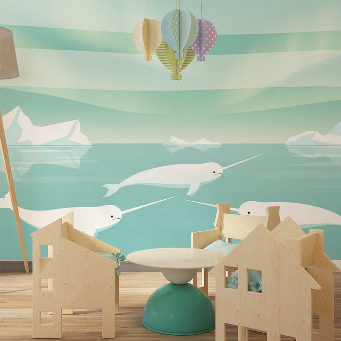 Papel pintado infantil | Narvales e icebergs en un mar apacible