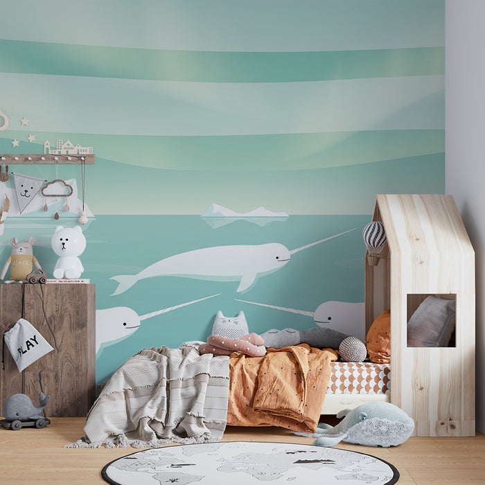Papel pintado infantil | Narvales e icebergs en un mar apacible