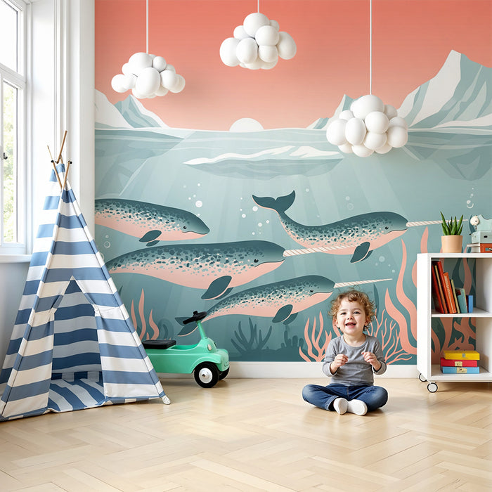 Kinderzimmer Tapete | Narwale und Meereslandschaften unter pastellfarbenem Himmel