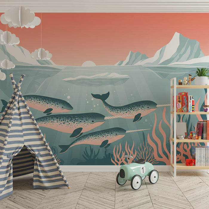Kinderzimmer Tapete | Narwale und Meereslandschaften unter pastellfarbenem Himmel