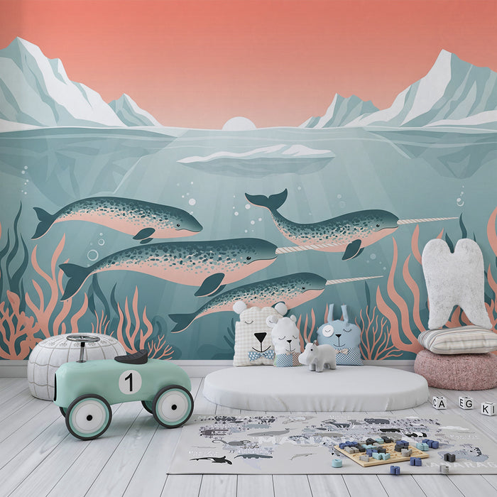 Kinderzimmer Tapete | Narwale und Meereslandschaften unter pastellfarbenem Himmel