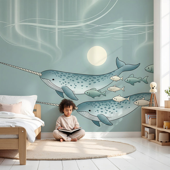 Papel de parede para quarto infantil | Narvais e peixes num oceano sereno