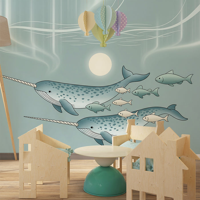 Papel de parede para quarto infantil | Narvais e peixes num oceano sereno