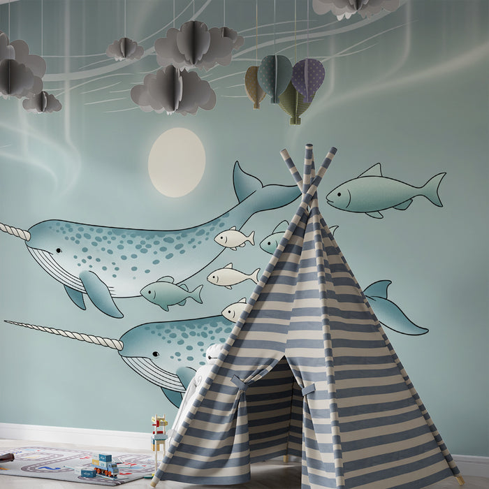 Papel de parede para quarto infantil | Narvais e peixes num oceano sereno