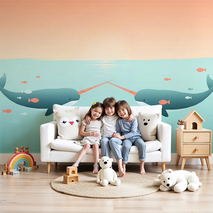 Papel de parede para quarto infantil | Narizes brincalhões e peixes coloridos num oceano tranquilo