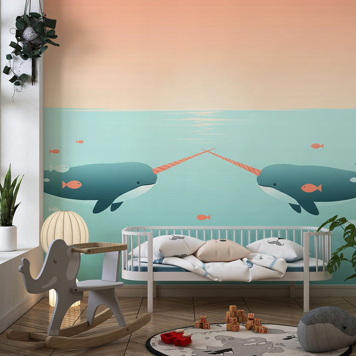 Papel de parede para quarto infantil | Narizes brincalhões e peixes coloridos num oceano tranquilo