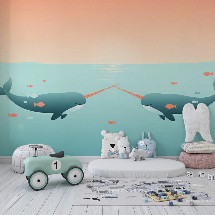 Papel de parede para quarto infantil | Narizes brincalhões e peixes coloridos num oceano tranquilo