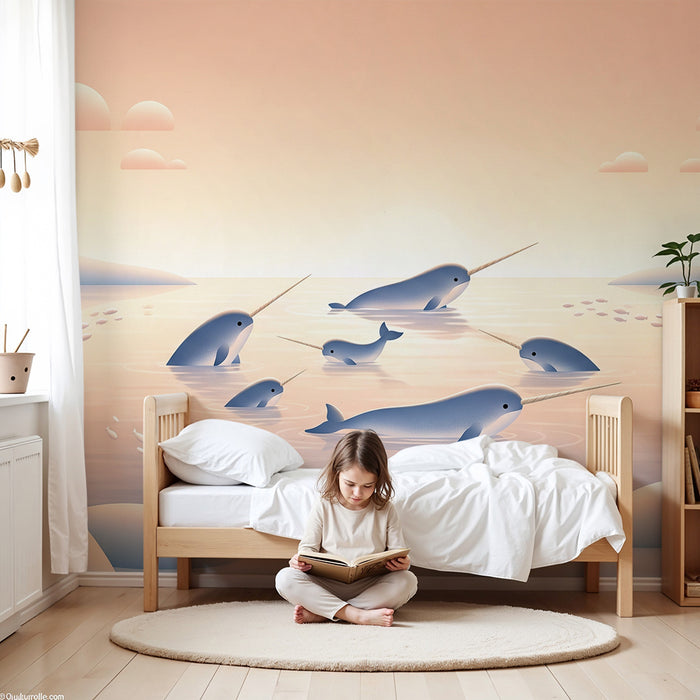 Papel de parede para quarto infantil | Narvais felizes numa paisagem polar tranquila