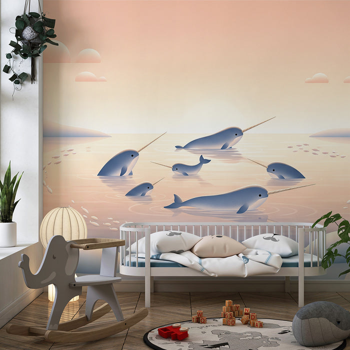 Papel de parede para quarto infantil | Narvais felizes numa paisagem polar tranquila