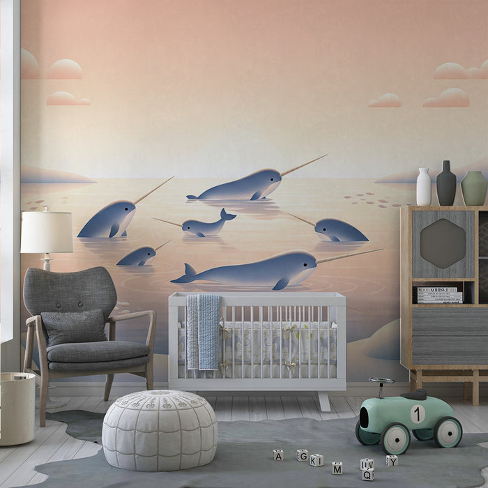 Papel de parede para quarto infantil | Narvais felizes numa paisagem polar tranquila