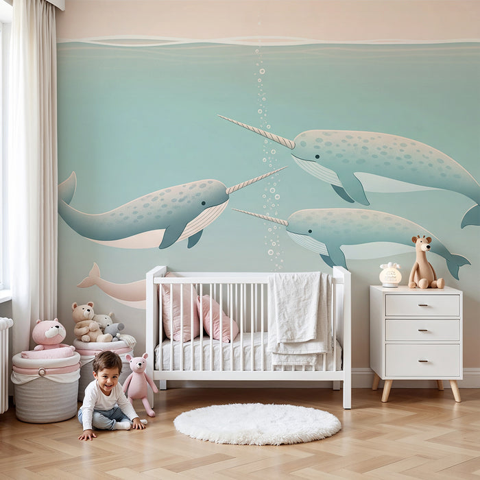 Papier peint chambre enfant | Narvals joyeux dans un univers marin