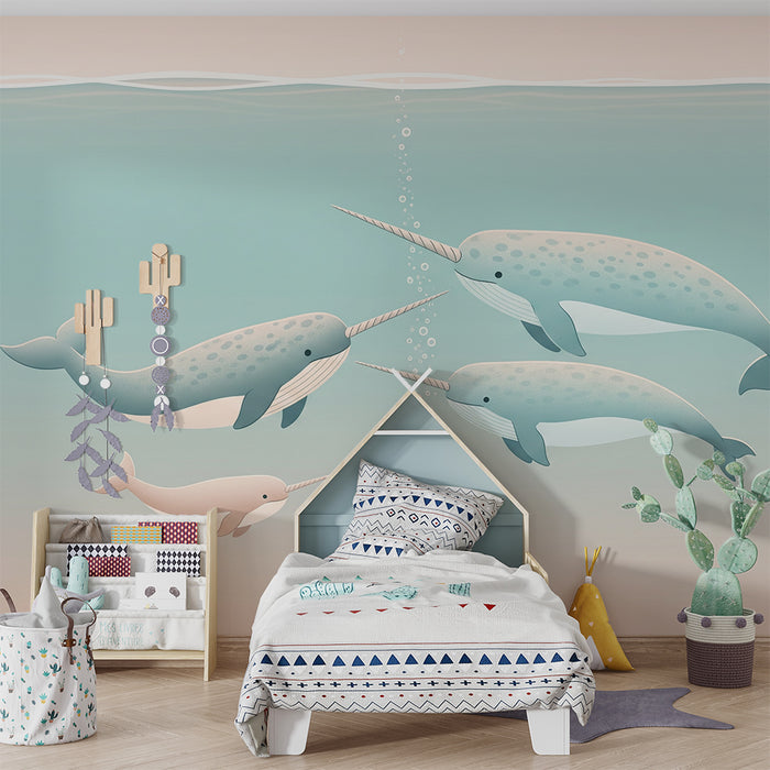 Papier peint chambre enfant | Narvals joyeux dans un univers marin