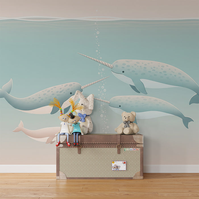 Papier peint chambre enfant | Narvals joyeux dans un univers marin