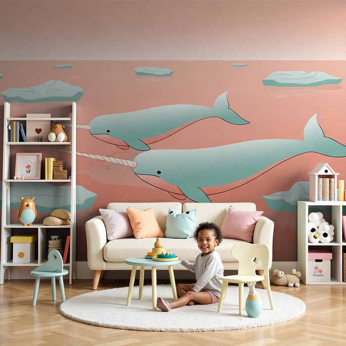 Children's bedroom wallpaper | Happy narwhals swimming in pastel waters
