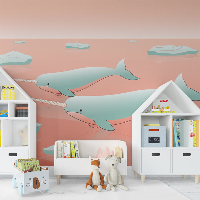 Children's bedroom wallpaper | Happy narwhals swimming in pastel waters