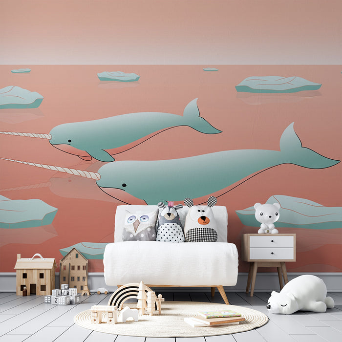 Children's bedroom wallpaper | Happy narwhals swimming in pastel waters