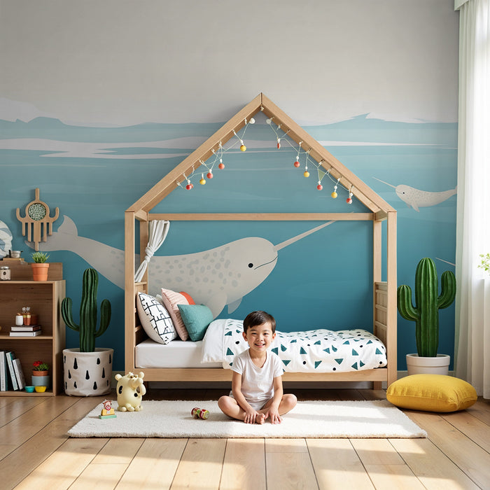 Kinderkamerbehang | Vrolijke narwallen zwemmend in turkoois water