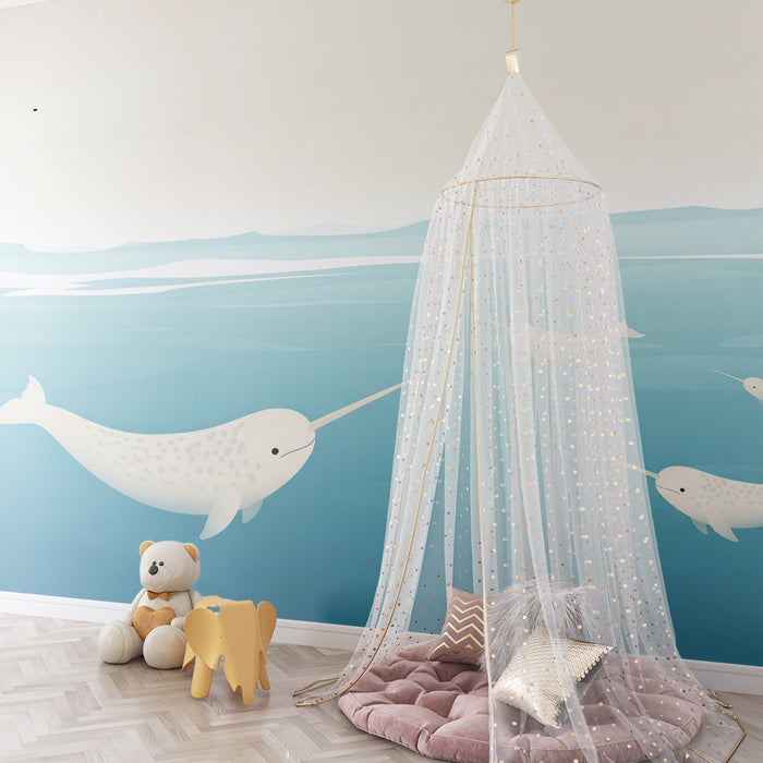 Kinderkamerbehang | Vrolijke narwallen zwemmend in turkoois water