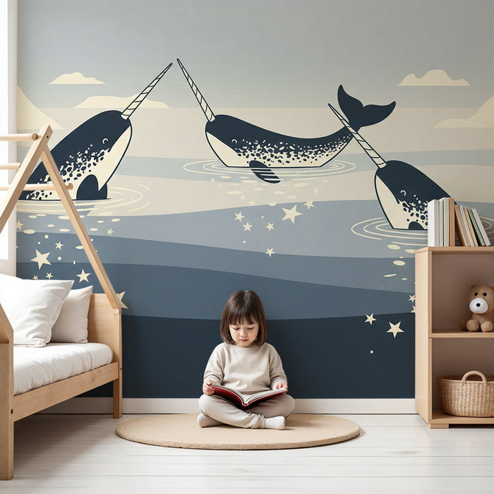 Papier peint chambre enfant | Narvals magiques dans un océan étoilé