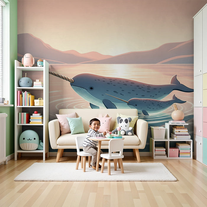Papier behang kinderkamer | Majestueuze narwallen zwemmend in rustig water