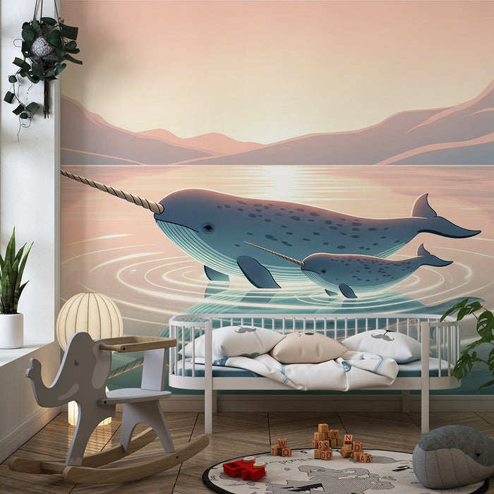 Papier behang kinderkamer | Majestueuze narwallen zwemmend in rustig water