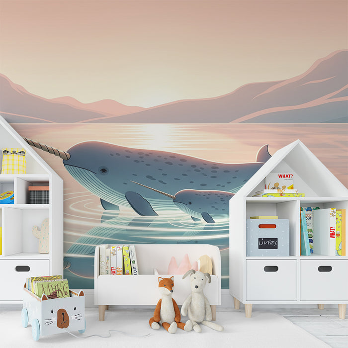 Papier behang kinderkamer | Majestueuze narwallen zwemmend in rustig water