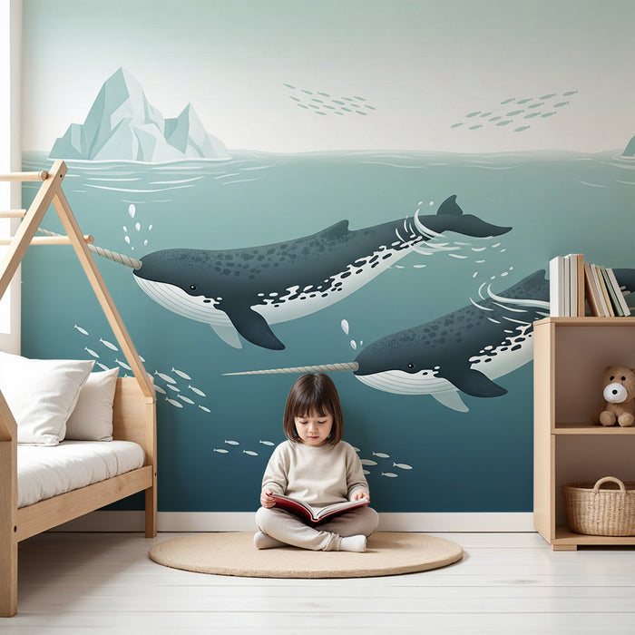 Papier peint chambre enfant | Narvals majestueux nageant dans les eaux glacées