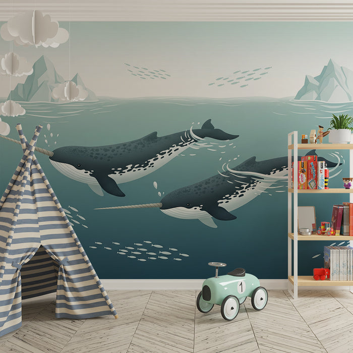 Papier peint chambre enfant | Narvals majestueux nageant dans les eaux glacées