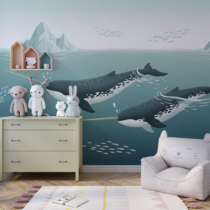 Papier peint chambre enfant | Narvals majestueux nageant dans les eaux glacées