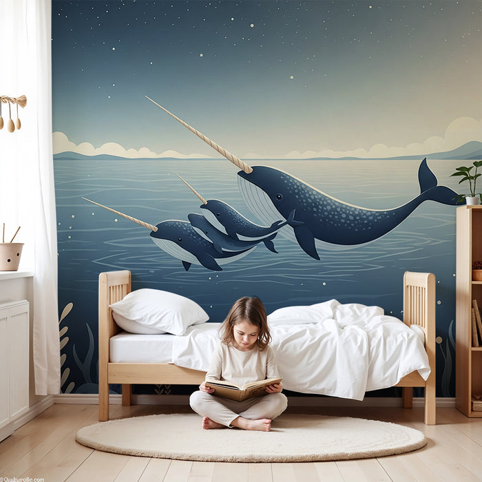 Papier peint chambre enfant | Narvals majestueux nageant dans un océan étoilé