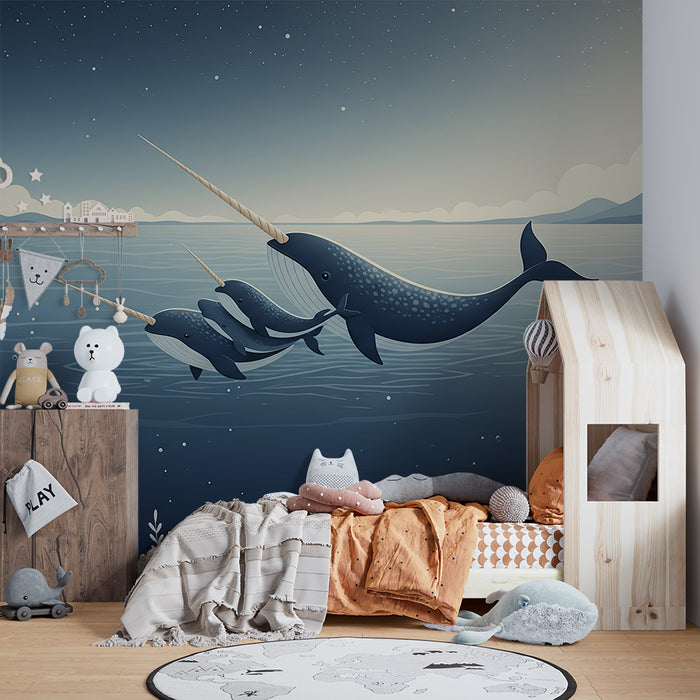 Papier peint chambre enfant | Narvals majestueux nageant dans un océan étoilé