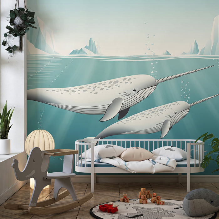 Papier peint chambre enfant | Narvals majestueux nageant sous les glaces
